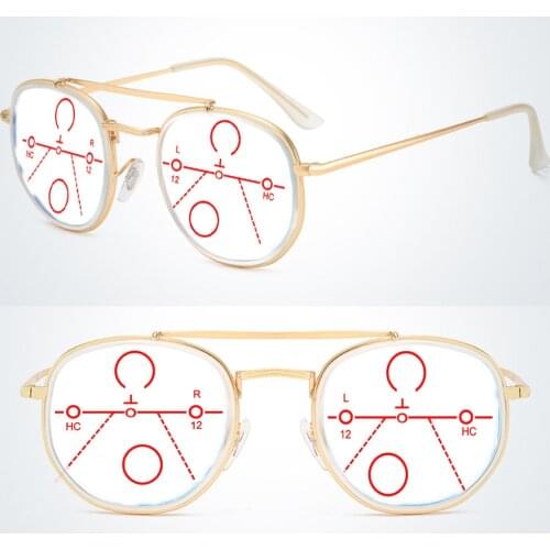 Double Bridge Round Gold Frame Retro Progressive Multifocal Reading Glasses +0.75 +1 +1.25 +1.5 +1.75 +2 +2.25 +2.5 +2.75 To +4