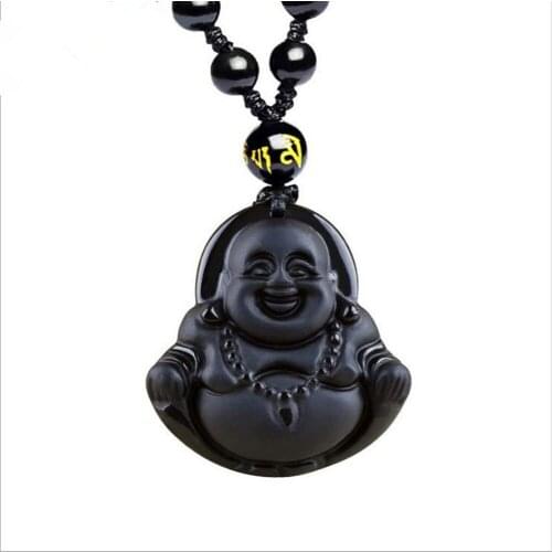 Fengshui Necklace Natural Obsidian Happy Laugh Buddha Carved Luck Jewelry for Improving Health and Wealth W2125