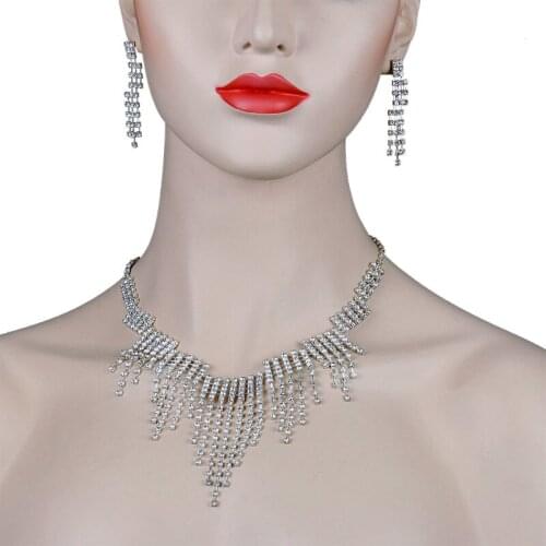 Chran Sparkling Rhinestone Tassels Necklace Jewelry Set Elegant Silver Plated Crystal Wedding Jewelry Set for Bridemaid