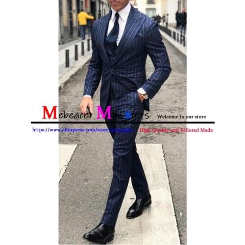 2021 Groomsman Set Blazers 3 Pieces Jacket Pants Vest / Fashion Mens Casual Boutique Business Striped Groom Wedding Suit