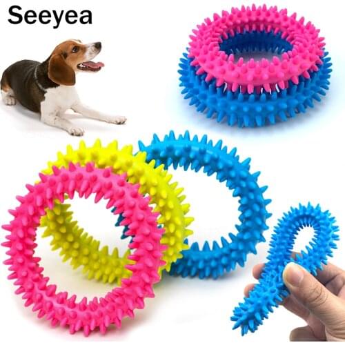 Rubber Dog Toothbrush Toy Dog Cleaning Teeth Bite Toy Pet Products Dog Chewing Molar Ring TPR Cat Puppy Training Bite Toy Seeyea