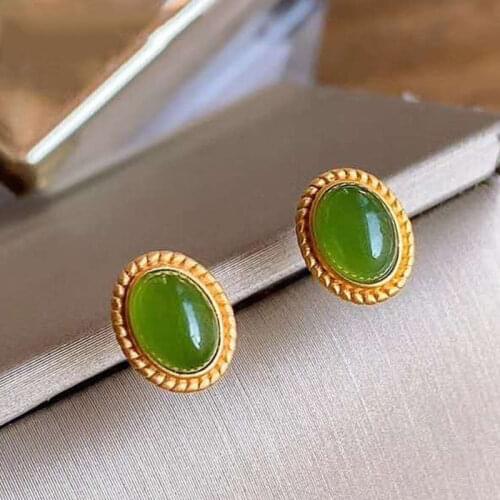 Hetian Jade Stud Earrings S925 Silver Retro Stud Earrings Female Exquisite Refined Grace Classical Generous Earrings Female Anti