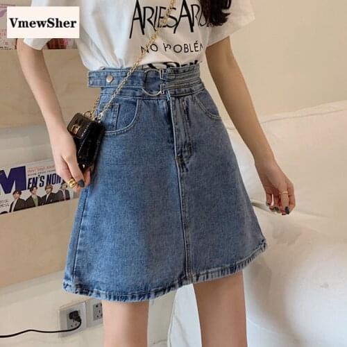 VmewSher New Spring Buckle High Waist Women Denim Skirts Irregulare Mini Lady Elegant Solid Short Skirt Casual A-line Autumn