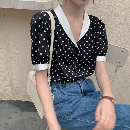 Women Blouses Korean Style Polka Dot Chiffon Shirts V Neck Summer Short Sleeve Casual Tops