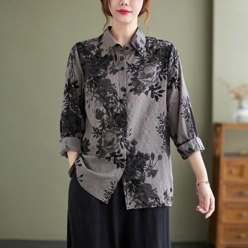 Women Long Sleeve Casual Shirts New Arrival 2021 Autumn Vintage Style Floral Print All-match Loose Female Cotton Linen Tops B914