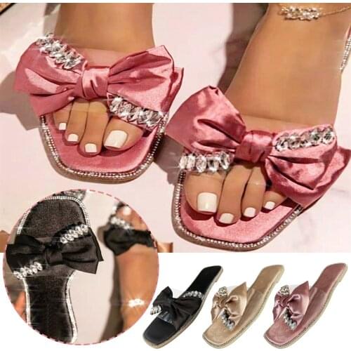 Bowknot Rhinestone Sandalias Fashion Square Toe Flats Shoes Sandals Women Summer Beach Woman Flats Sandalias De Las Mujeres