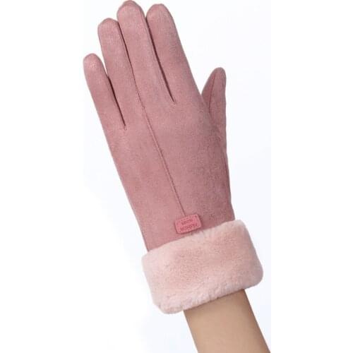 Women Touch Screen Suede Glove Winter Double Layer Furry Mittens Warm Embroidery Outdoor Fashionable Gloves