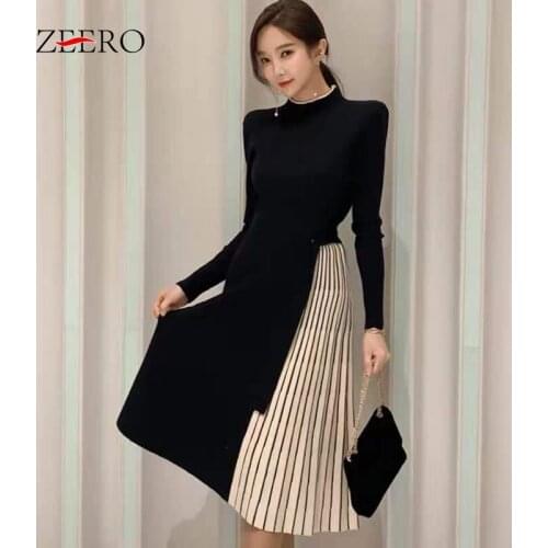 Lady Elegant Pleated Stitching Knitting Black Dresses Winter Women Stand-up Collar Long Sleeve High Elasticity Warm Midi Dress