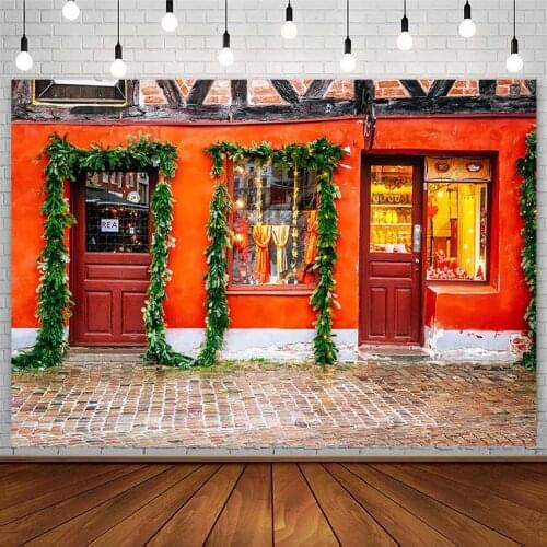 Winter Christmas Backdrop Gift Accessory Shop Window Red Door Brick Floor Kid Photography Background Photostudio Photozone Props