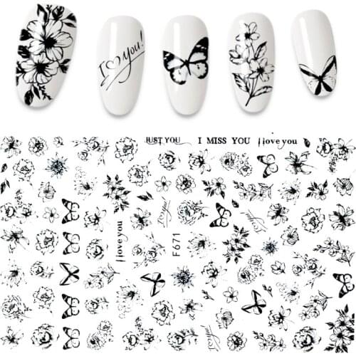 1pcs 3D Nail Sticker Black Flower Nail Art Sticker Decals Hollow Floral Butterfly Self-adhesive Manicure Decoration