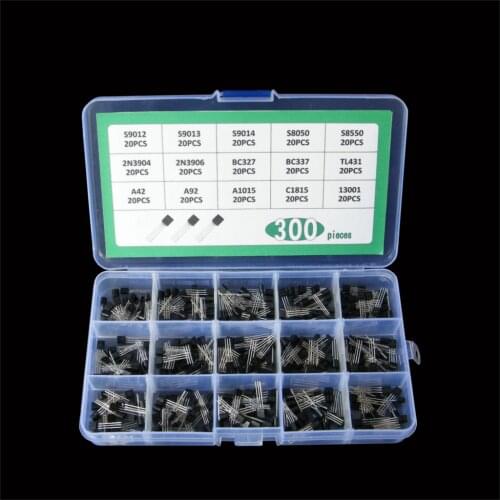 300pcs=15Values*20pcs TL431A A42 A92 A1050 C1815 13001 S9012/9013/9014/8050/8550 2N3904/3906 BC327 BC337 Transistor Kit box SET