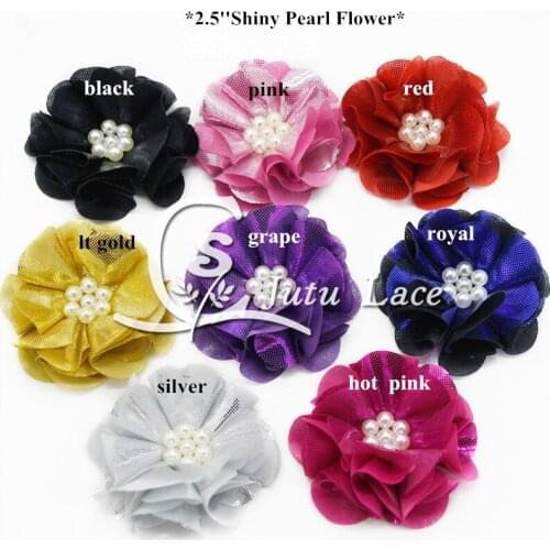 60 pcs/lot , 2.5'' glitter shiny pearl flower , shabby shiny flower with pearl for headband hair accessories