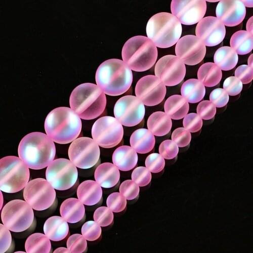 15" Dark Pink Round Glitter Frosted Austria Crystal Dull Polish Moon Stone Loose Beads For Jewelry Making Bracelet Neck 6-12mm