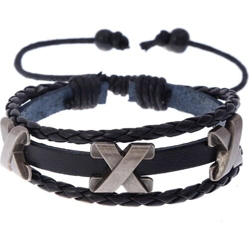 Black Multilayer Leather Wrap Bracelet Punk X Beads Weave Charm Retro Bangle Adjustable Wristbands Hiphop Fashion Unisex Jewelry