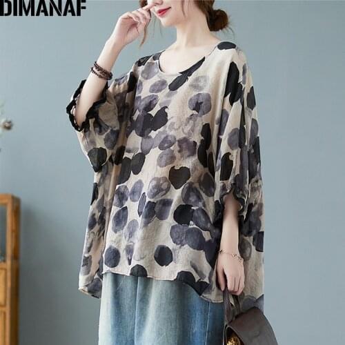 DIMANAF 2021 Summer Plus Size T-Shirt Women Clothing Oversize Vintage Print Lady Tops Loose Casual tshirt Blouse Cotton Tunic