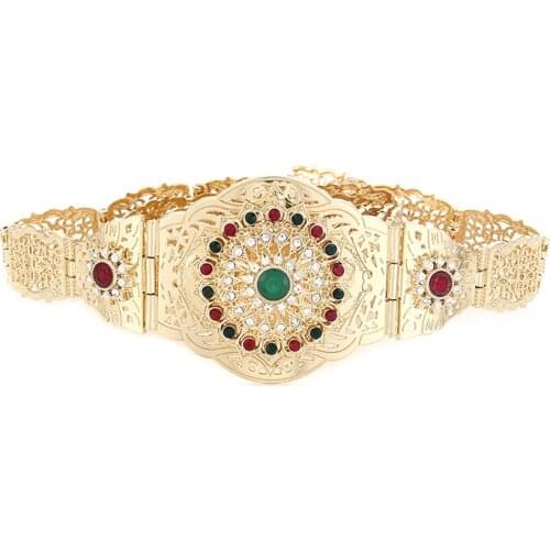 Elegant European woman dot zircon green crystal gold belt cutout flower dinner belt body decoration