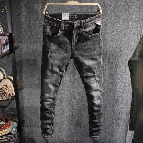 European Vintage Fashion Men Jeans Retro Black Gray Elastic Slim Fit Ripped Jeans Men Distressed Designer Casual Denim Pants