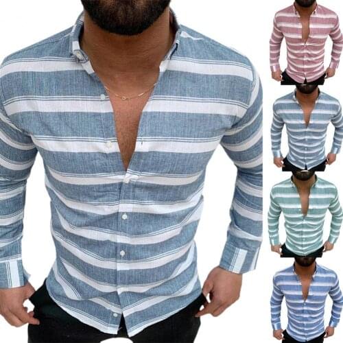 Long Sleeve Lapel Men Shirt Soft Striped Print Buttons Closure Autumn Shirt Streetwear