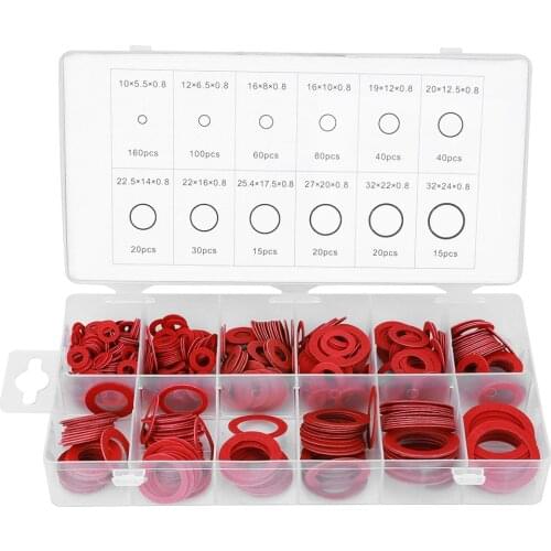 600Pcs Red Steel Paper Insulation Washer Set 0.8mm Thickness Metal Sealing Gasket O Ring Kit For Transformer Electronic Industry