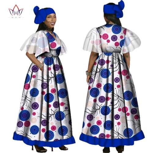2021 New African Maxi Print Dresses for Women BINTAREALWAX Tailor Made Yarn Short Sleeves Ankle Length Party Dress WY1265