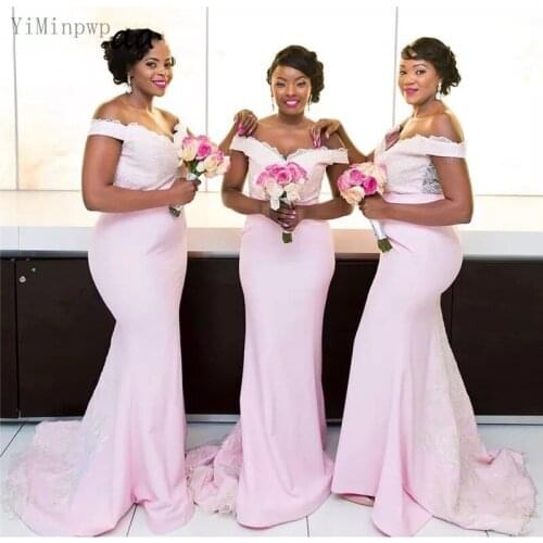 YiMinpwp Pink Mermaid Bridesmaid Dresses Off Shoulder Sweep Train Appliques Country Wedding Guest Party Gown Maid of Honor Dress