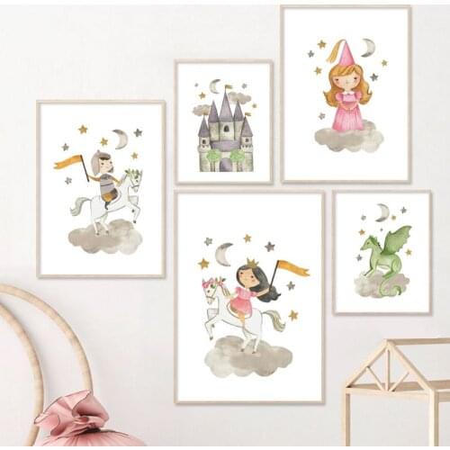 Knight Princess Dragon Horse Castle Wall Art Canvas Painting Boy Girl Nordic Posters Prints Wall Pictures For Kids Room Decor
