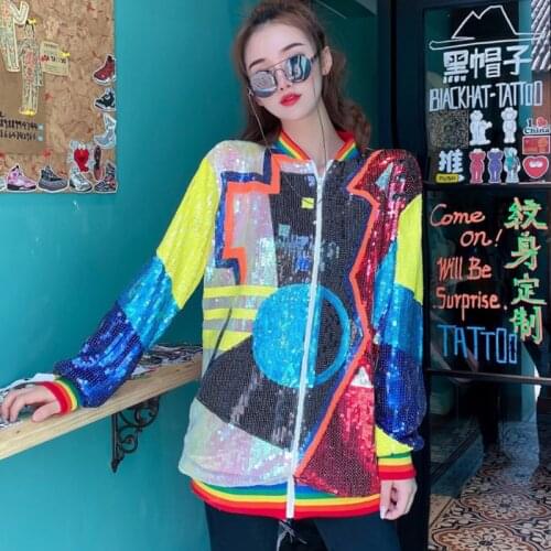Chic Women Sequined Geometric Embroidery Baseball Jacket Autumn Loose Wild Beaded Cardigan Crop Tops Oversized Streetwear Nice