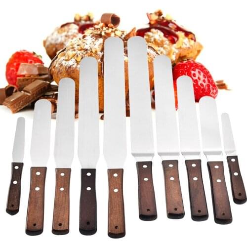 Wooden Handle Stainless Steel Cream Spatula DIY Cake Straight Curved Knife Baking Utensils Baking Tools for Cakes Kitchen Tools
