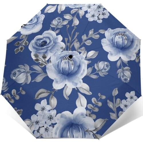 Navy Flower Leaves Windproof Automatic Folding Inverted Umbrella Portable Paraguas for Man Woman