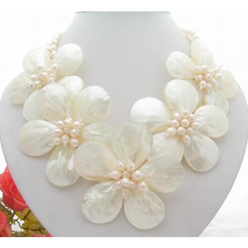 Y·YING 18" 3 Strands Freshwater White Pearl Natural Shell Flower Statement Necklace
