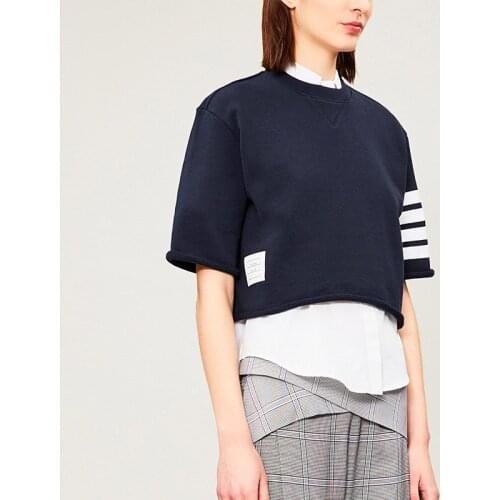 2021 Fashion TB THOM Brand Short T-Shirt Women Loose Sport Clothing Hip Hop Half Sleeve Summer O-neck Striped Cotton Shirts