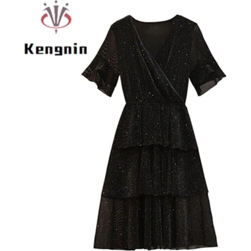 Plus Size 4XL 2021 Summer Womens Dresses Black Color V-Neck Ladies Vestidos Dress Ruffles Flare Sleeve Evening Dress KE1015