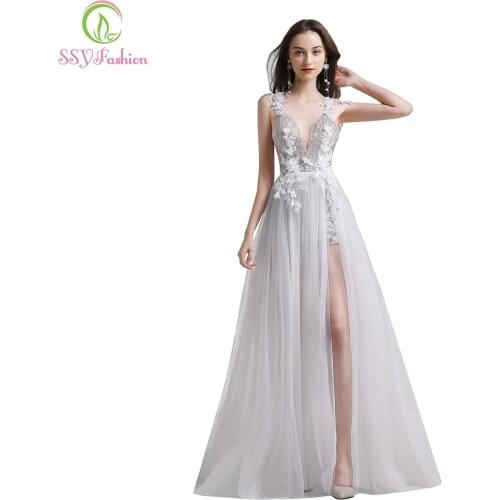 SSYFashion White Lace Evening Dress Sexy V-neck Backless Beach Dress Vestido De Fiesta Banquet Flower Party Formal Gown in Stock