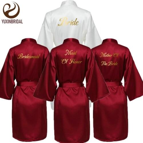 Burgundy Satin robes Silk Bride Robe Wedding Gift Bridesmaid Bride Dressing Gown Bridal Slippers Gold Print