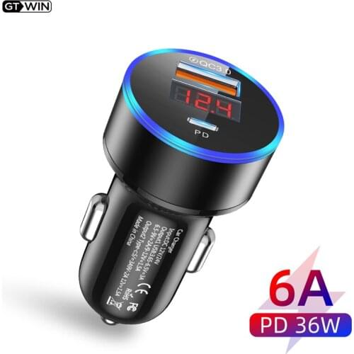 GTWIN 36W Metal Dual USB Car Charger Digital Display Usb C PD Car Charger for Samsung Note 20 Ultra S20 Phone Auto Fast Charger