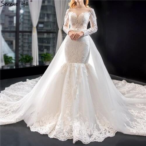 White Mermaid Detachable Train Wedding Dresses 2021 Long Sleeves Beading Bridal Gown Real Photo HM66856 Custom Made