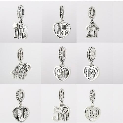 925 Sterling Silver 16 18 30th 21st Celebration Dangle pan Charm Fit Original Bracelet For Women DIY Jewelry S925 Bead