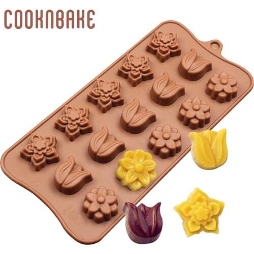 COOKNBAKE Silicone chocolate mold flower candy jello gummy mould Tulips Ice Cube tray 15 hole cake decorating