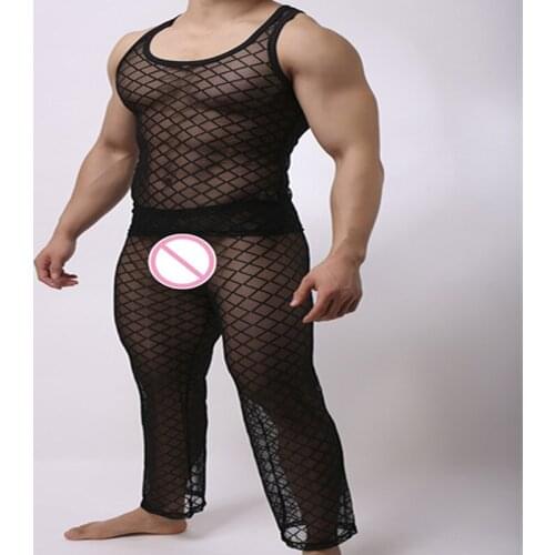 Fashion Mens Mesh Argyle Transparent Sleep Pajama Sets Sexy Bodybuilding T Shirts And Long Pants