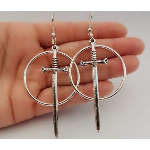 Swords metal hoop earrings Witchy warior pagan vikin alternative gothic medieval silver color Classic tarot CARDS gift women