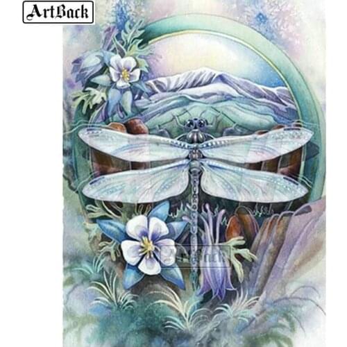 Full square 5d diy diamond painting dragonfly flower cross sticker 3d diamond embroidery color landscape diamond mosaic