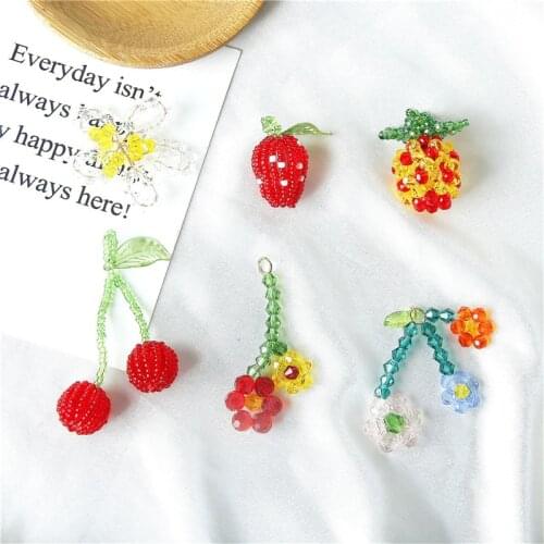 2PCS Korea Glass Crystal Bead Weaving Flower Strawberry Cherry Fruit Pendant DIY Handmade Jewelry Earring Accessories Cute Gift