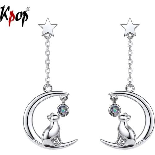 Kpop 925 Sterling Silver Earrings Wedding Bridal Jewelry Gifts for Girls Rainbow Stone Moon Star Cat Drop Dangle Earrings E6006