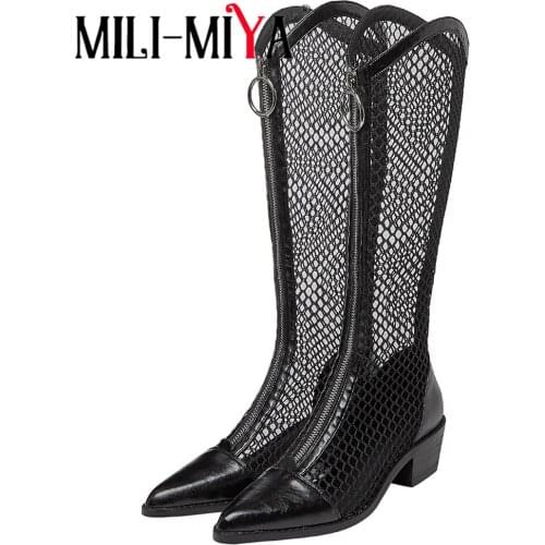 MILI-MIYA Fashion Summer Knee High Boots Hollow Out Gladiator Zipper Sandals Female Zipper Pointed Toe Square Heel Casual Shoes