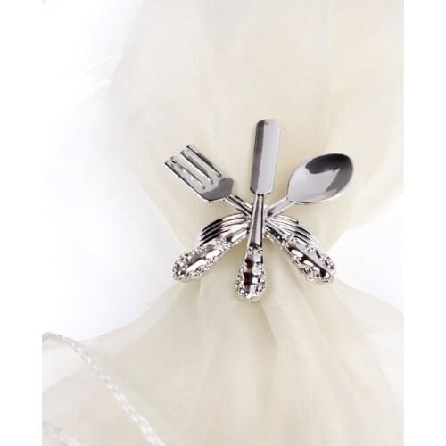 Silver Plating Knife Fork Spoon Design Metal Alloy Napkin Rings Set of 6 Pieces