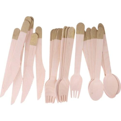 Pieces of 24 Vintage Disposable Wooden Fork Spoon Knife Home Party BBQ Tableware Cutlery Set