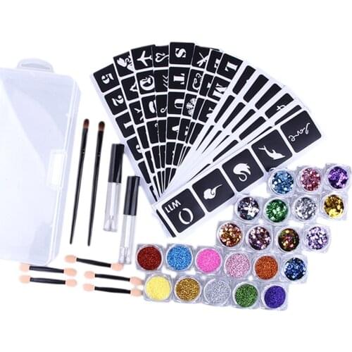 Face Nail Eye Metallic Chunky Glitters Sticks Tattoo Stickers Stencil Decals Set