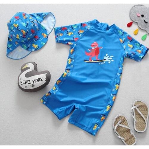 New 2020 Boys Swimsuit Dinosaur One Piece Childrens Swimwear Boys Swimwear One Piece Bathing Suit With Hat HX-1871