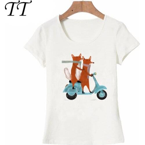2021 new summer novelty women t-shirt cute foxes on a trendy scooter T-Shirt funny cartoon maiden Tops fashion female Tees