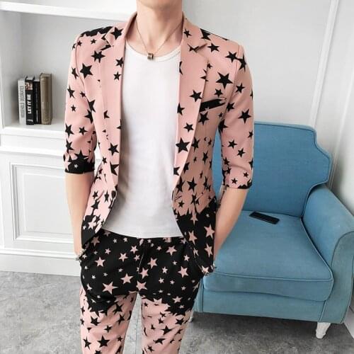2020 Latest Spring Mens New Fashion Star pattern Print Suit Set Slim Fit 2 piece Suits(Blazer+Pant) For Mens Suits Party costume